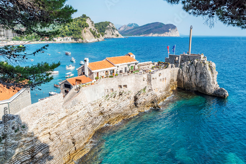 Gorgeous picturesque view on old medevial fortress on cliff in Petrovac, Montenegro