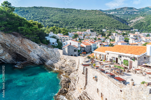 Gorgeous picturesque view on old medevial fortress on cliff in Petrovac, Montenegro