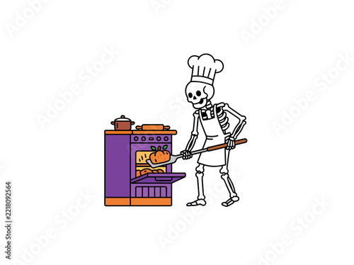Skeleton Wearing Chef Hat And Apron Baking Pumpkin Bread Beside An Oven, Spooky Seasonal Kitchen Scene With Festive Culinary Character Vector Illustration