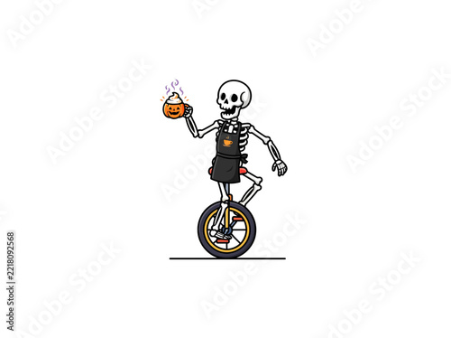 Skeleton Barista Riding A Unicycle And Carrying A Steaming Pumpkin Spice Drink, Quirky Halloween Character Design For Seasonal Promotions And Cafe Branding Vector Illustration
