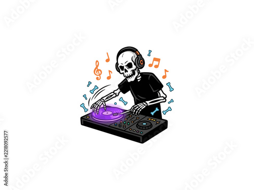 Skeleton Dj Scratching A Glowing Purple Vinyl Record With Headphones, Music Notes And Blue Bone Accents, Edgy Party Character Vector Illustration