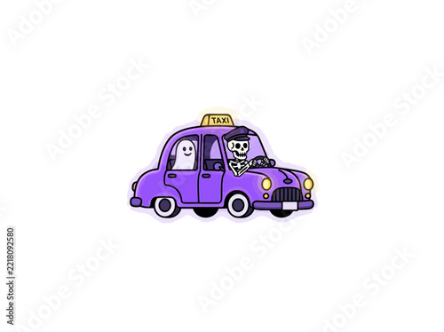 Skeleton Driving A Purple Taxi With A Ghost Passenger And Rooftop Sign, Spooky Halloween Cab Scene With Humorous Characters, Vector Illustration