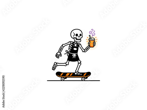 Skeleton Barista Skateboarding While Holding A Hot Takeaway Coffee Drink In A Playful Cartoon Style, Quirky Café Character For Stickers, Posters And Merchandise Vector Illustration