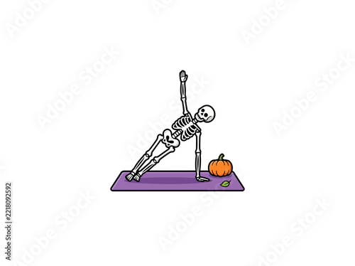 Skeleton Practicing Side Plank Yoga On A Purple Mat With Pumpkin And Autumn Leaf, Playful Halloween Fitness Concept For Seasonal Wellness Design Vector Illustration