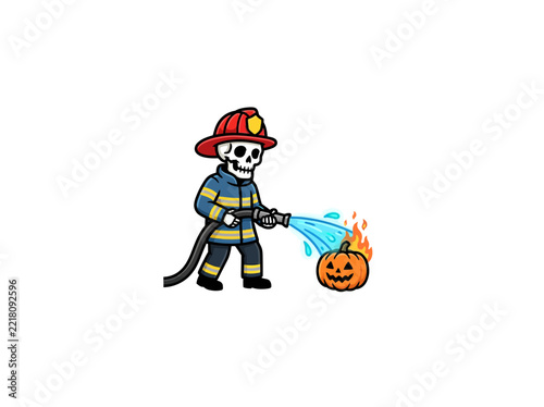 Cartoon Skeleton Firefighter Spraying Water On A Flaming Pumpkin, Funny Halloween Rescue Scene With Spooky Character And Fire Safety Concept Vector Illustration