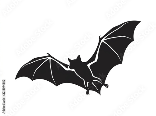 Black bat silhouette with spread wings flying on white background