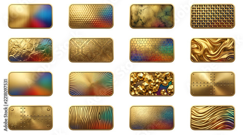 Collection of sixteen gold textures and patterns on a black background