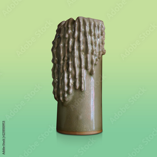 front view antique long green ceramic vase on gradient green background, object, decor, fashion, ancient, copy space