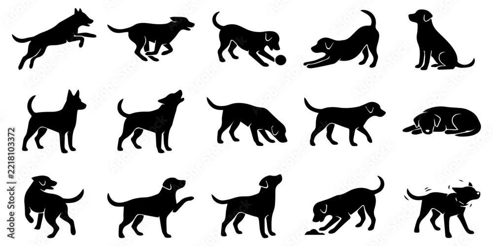 Fototapeta premium Set of black dog silhouettes showing various poses and activities for pet design and animal graphics collection of black dog silhouettes in different poses including running jumping sitting and playin