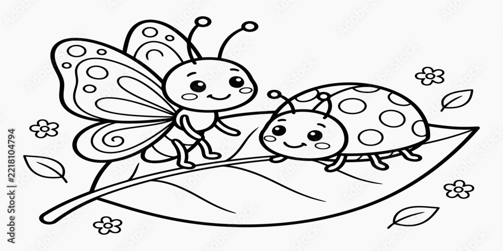 Fototapeta premium Cartoon butterfly and ladybug illustration with floral elements and green leaf