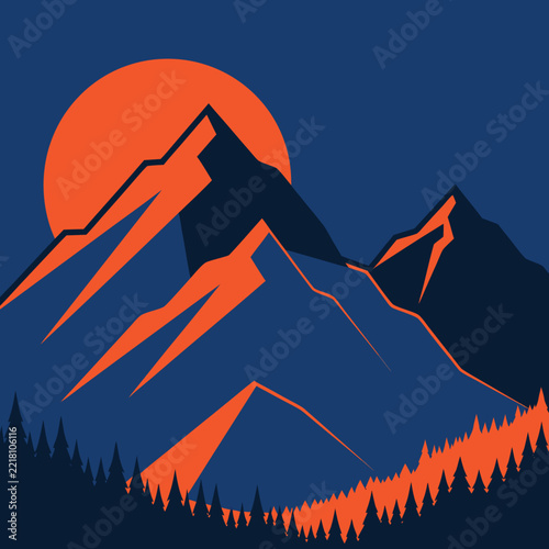 Mountain landscape illustration with orange sun and pine forest vector background