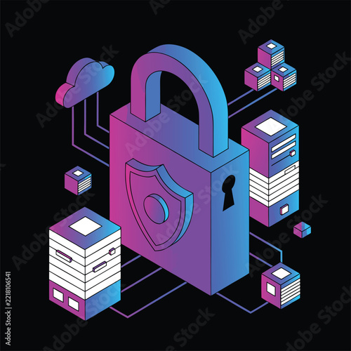 Cyber security, cloud server data protection, and network security isometric vector illustration