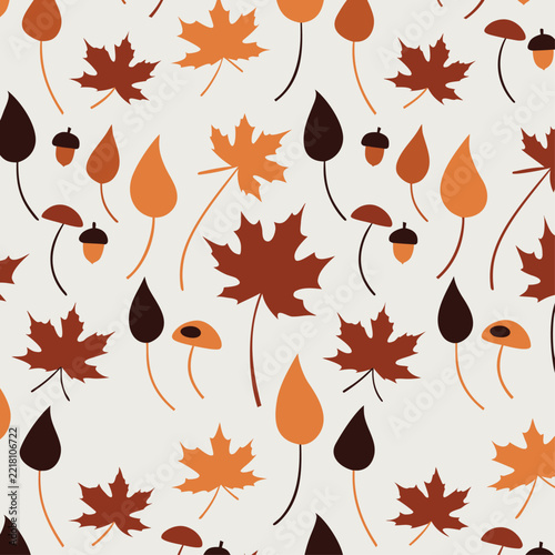 Autumn seamless pattern with maple leaves, acorns, and mushrooms vector illustration