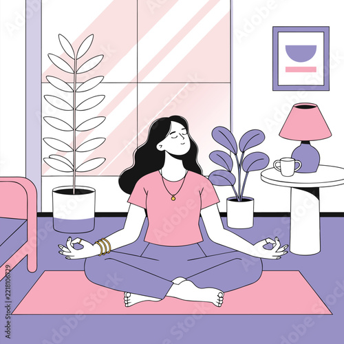 Young woman practicing lotus pose meditation at home outline vector illustration