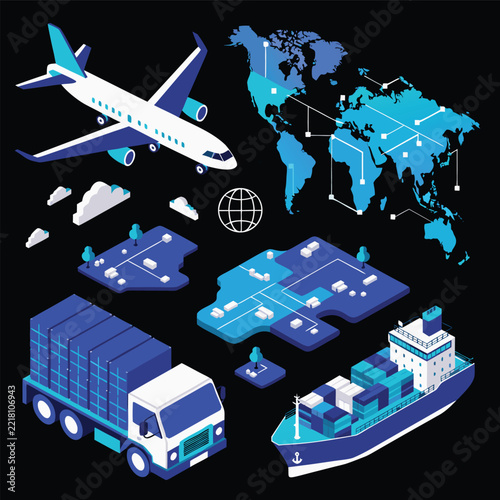 Global logistics and worldwide cargo shipping isometric vector illustration set