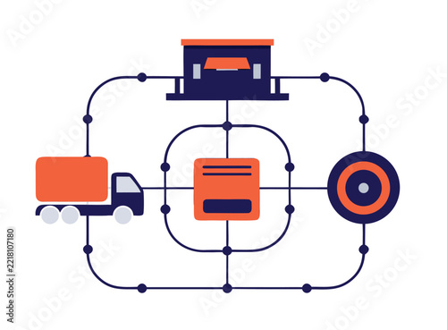 Supply chain and logistics distribution network flat vector illustration