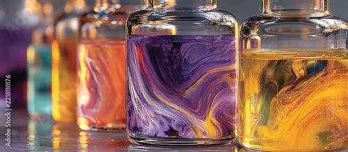 Colorful liquid in glass bottles.