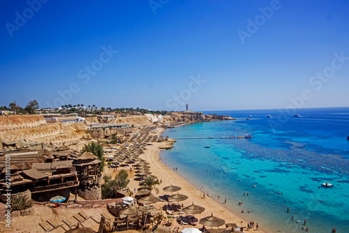 Stunning coastal panorama of Sharm El Sheikh coastline with vibrant turquoise Red Sea, Egypt.