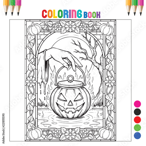 Halloween Witch Hand Holding Jack-o'-Lantern Pumpkin Cauldron with Flames and Floral Frame Line Art Coloring Page for Kids and Adults