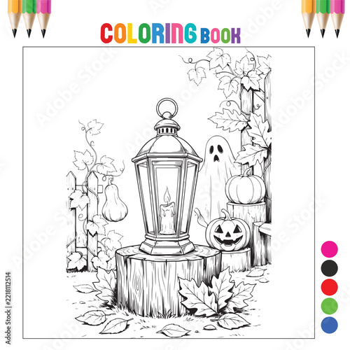 Classic Witch Hat and Broomstick on Grass with Flying Bats and Falling Autumn Leaves Halloween Line Art Coloring Page for Kids and Adults