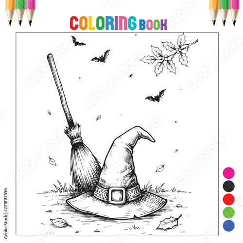 Classic Witch Hat and Broomstick on Grass with Flying Bats and Falling Autumn Leaves Halloween Line Art Coloring Page for Kids and Adults