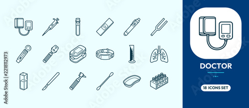 Doctor's medical instruments and equipment line icons