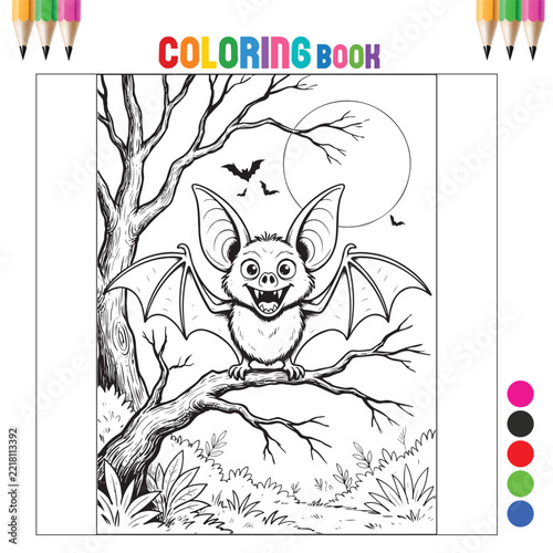Cute Halloween Bat Perched on Tree Branch with Spread Wings Full Moon and Spooky Forest Line Art Coloring Page for Kids and Adults