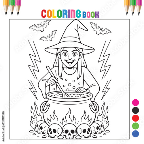 Halloween Witch Stirring Magic Potion Cauldron with Skulls Flames Lightning and Flying Bats Line Art Coloring Page for Kids and Adults
