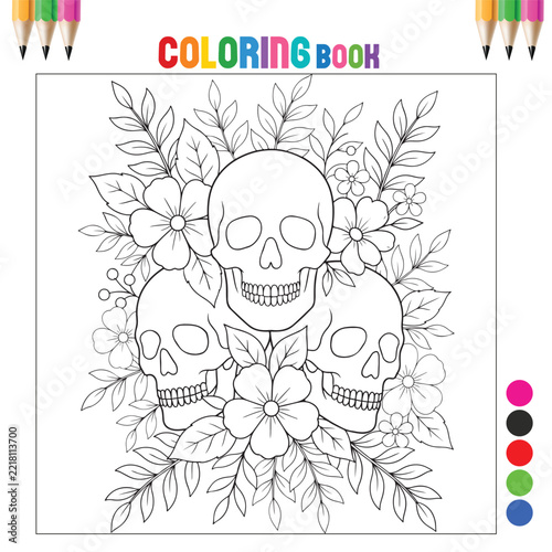 Floral Skulls Arrangement with Blooming Flowers and Botanical Leaves Halloween Line Art Coloring Page for Kids and Adults