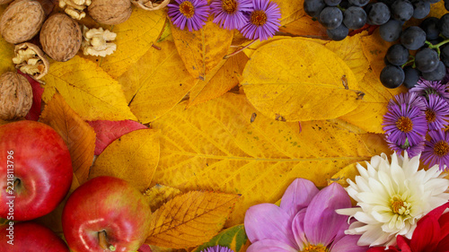 Autumn display with fruits, nuts, and flowers on colorful leaves