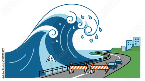 Massive Tidal Wave Approaching Coastal Highway With Road Barriers And Warning Sign Illustration