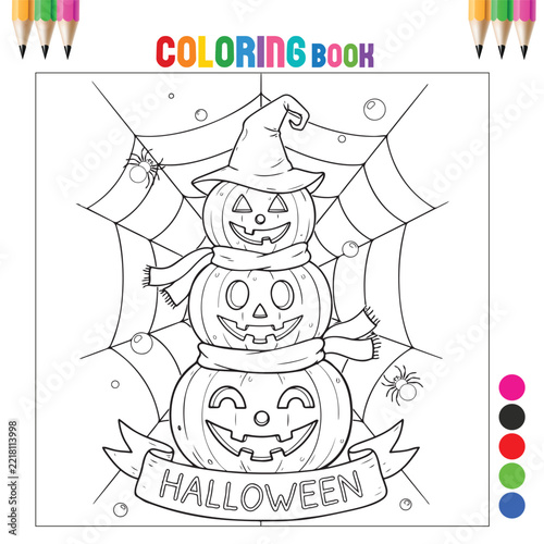 Stacked Halloween Pumpkins Snowman with Witch Hat Scarf Spider Web and Halloween Banner Line Art Coloring Page for Kids and Adults