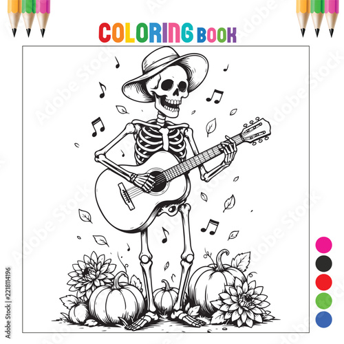 Halloween Musical Skeleton Wearing Hat Playing Acoustic Guitar with Pumpkins and Sunflowers Line Art Coloring Page for Kids and Adults