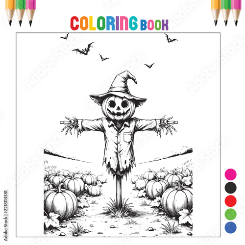 Spooky Halloween Pumpkin Head Scarecrow in Pumpkin Patch Field with Flying Bats Line Art Coloring Page for Kids and Adults