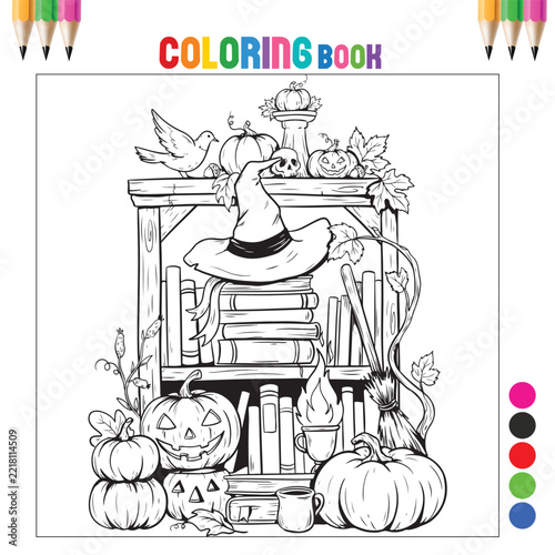 Magical Halloween Bookshelf with Witch Hat Jack-o'-Lantern Pumpkins Spell Books Skull and Broomstick Line Art Coloring Page for Kids and Adults