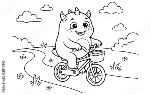 A delightful coloring page featuring a cute monster happily riding a bicycle through a whimsical landscape