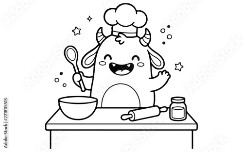 A delightful coloring page featuring a cute little monster happily baking in the kitchen