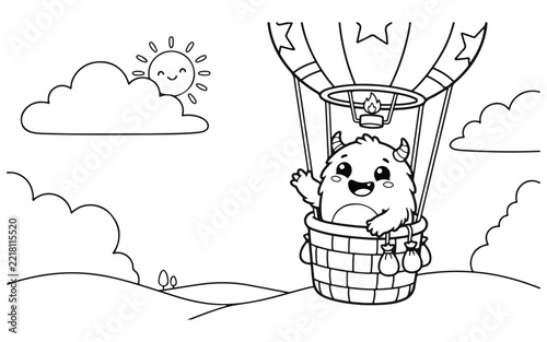 A delightful coloring page featuring a cute monster joyfully riding in a hot air balloon among the clouds