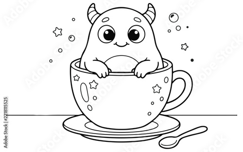 A delightful coloring page featuring a cute little monster enjoying a warm beverage in a teacup