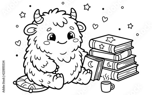 A charming coloring page featuring a fluffy monster reading books with a cozy cup of tea