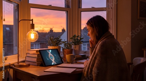 Student at Cozy Desk by Window Viewing 3D DNA Model at Sunset