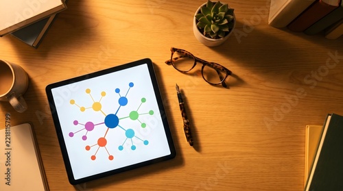 Top-Down View of Cozy Study Desk with Tablet Displaying Mind Map
