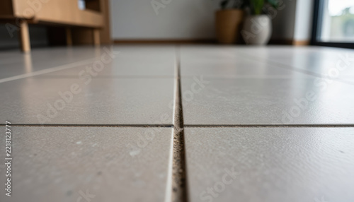 Tile floor grout line interior room low angle close up perspective home blur surface beige ceramic pattern texture floor seam line clean modern empty indoor living room architecture building house