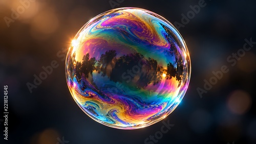 Macro Iridescent Soap Bubble Sphere Showing Complex Thin-Film Interference