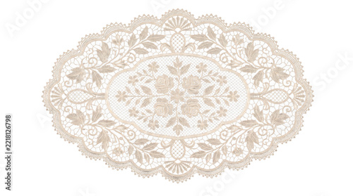 Oval lace doily with rose embroidery isolated on transparent background