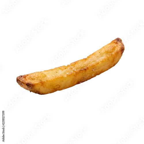 Golden Wedge of Perfection: A single, perfectly fried potato wedge, lightly seasoned with salt, rests crisply, offering a savory bite.