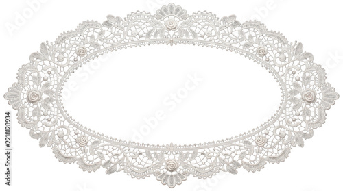 Elegant oval lace frame with floral rose motifs and delicate needlework, isolated on transparent background