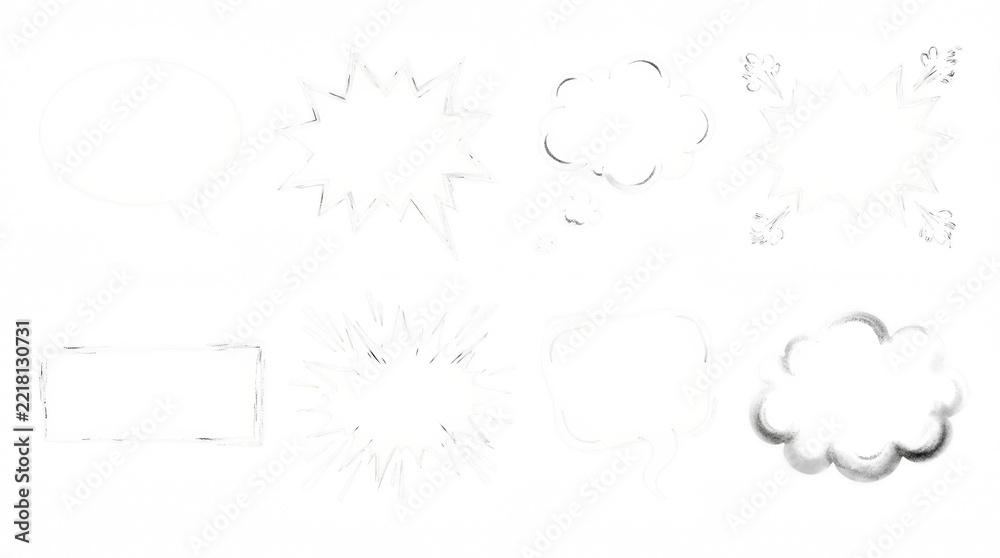 Fototapeta premium Collection of comic speech bubble shapes and explosions during bright studio lighting isolated on transparent background