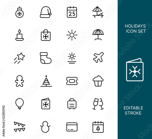 Holiday icon set. Contains icons such as a travel bag; editable stroke vector set 