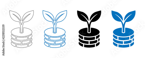 Plant sprout growing from stacked coins, investment and savings vector icon set